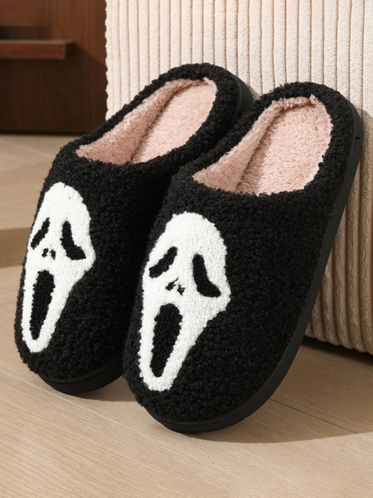 Halloween contrasting skull ghost face pattern indoor home plush warm slippers White