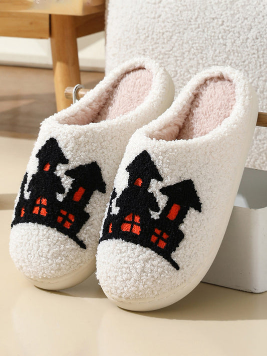 Halloween Ghost House Pattern Home Plush Warm Slippers Pattern4