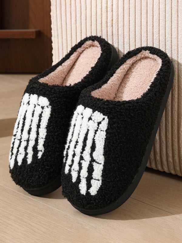 Halloween Love Skeleton Hand Pattern Home Plush Warm Slippers Black