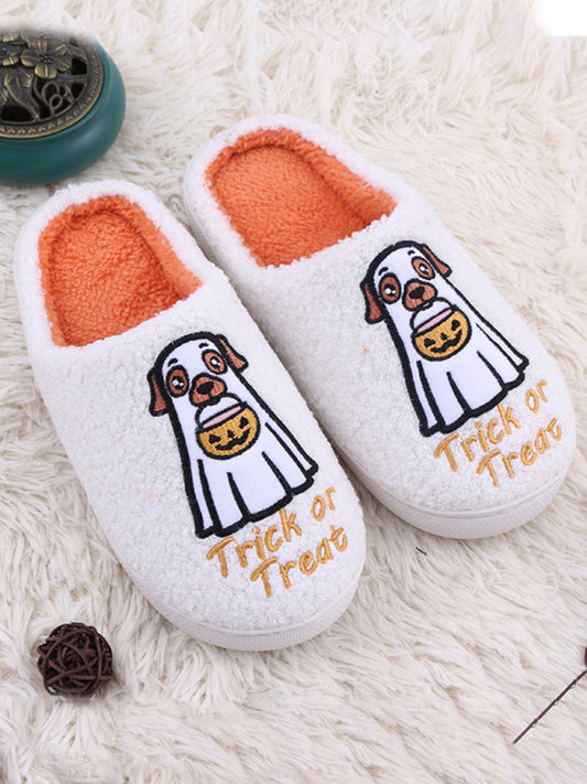 Halloween Cartoon Pumpkin Dog Plush Couple Indoor Comfort Slippers White