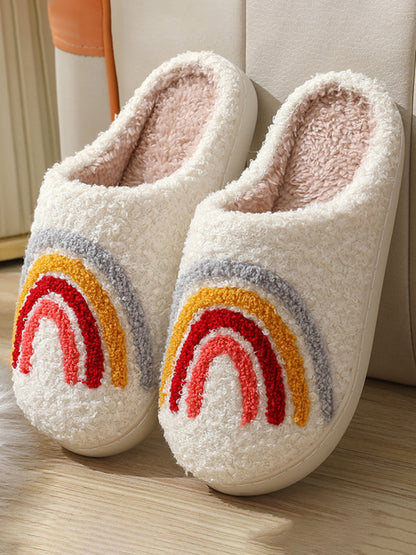 Cute Rainbow Pattern Cotton Slippers Indoor Home Plush Warm Slippers White