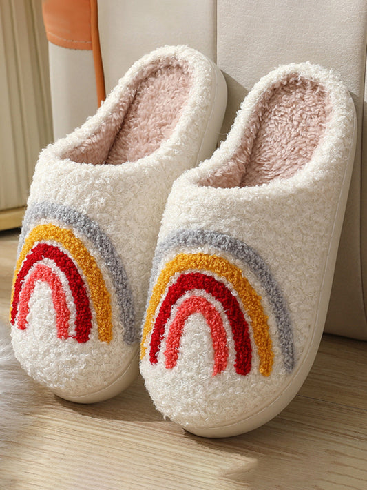Cute Rainbow Pattern Cotton Slippers Indoor Home Plush Warm Slippers White