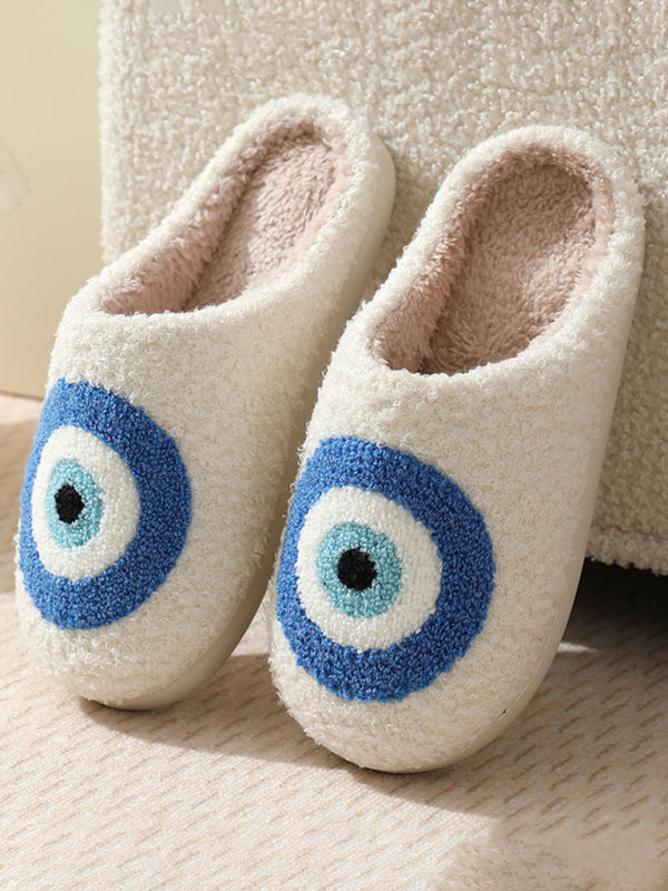 Blue Eyes Pattern Cotton Slippers Indoor Home Plush Warm Slippers White