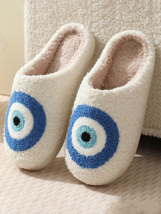 Blue Eyes Pattern Cotton Slippers Indoor Home Plush Warm Slippers White