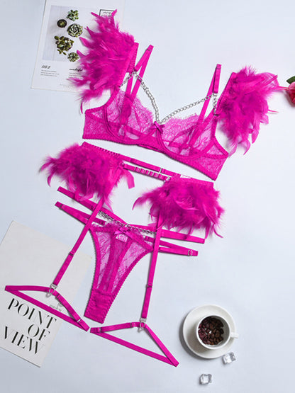 Sexy Lingerie-Lace Feather Sexy Lingerie Four-piece Set Rose