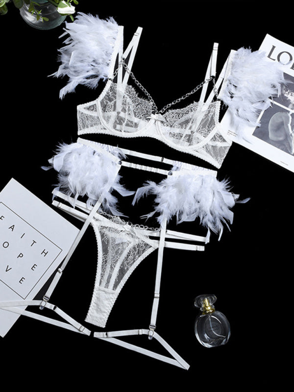 Sexy Lingerie-Lace Feather Sexy Lingerie Four-piece Set White