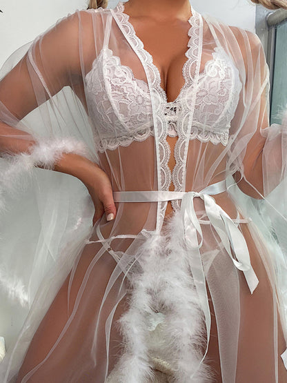 Women's Sexy See-Through Mesh Feather Nightgown White
