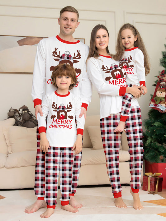 Deer head letter print Christmas parent-child plaid long-sleeved home clothes two-piece set White