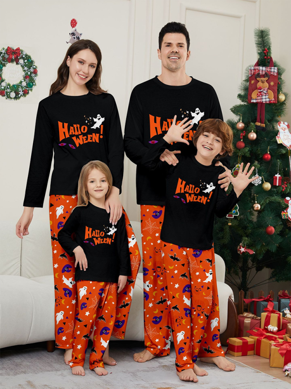 Modern Halloween parent-child pajamas set of long-sleeved two-piece devil's eyes letter-printed homewear Black