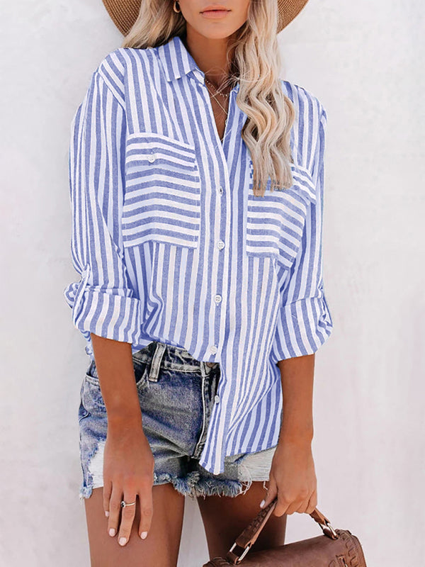 Striped Long Sleeve Shirt - Linen Cotton Button Down Blouse for Women Purplish blue navy