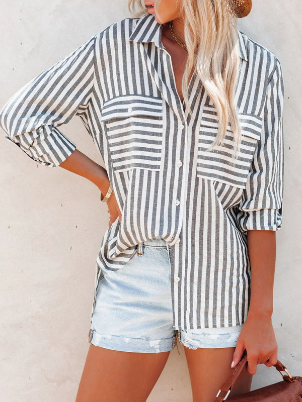 Striped Long Sleeve Shirt - Linen Cotton Button Down Blouse for Women Grey