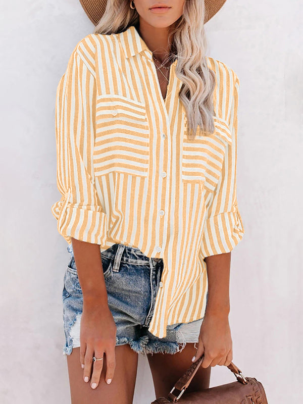 Striped Long Sleeve Shirt - Linen Cotton Button Down Blouse for Women Orange