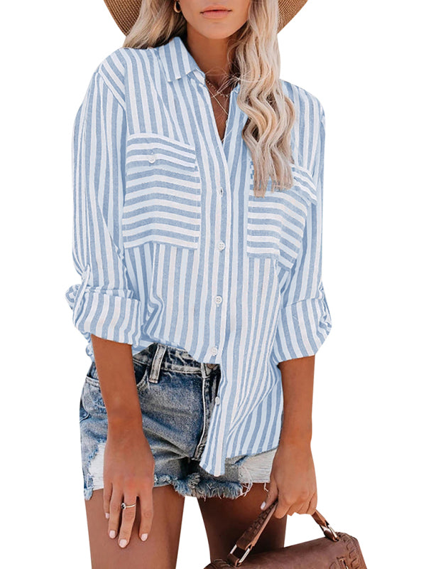 Striped Long Sleeve Shirt - Linen Cotton Button Down Blouse for Women Sky blue azure