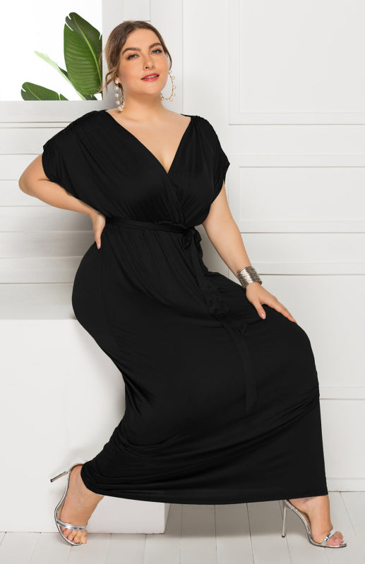 Maternity Knit Dress - Short Sleeve V-Neck Solid Color Dress Black