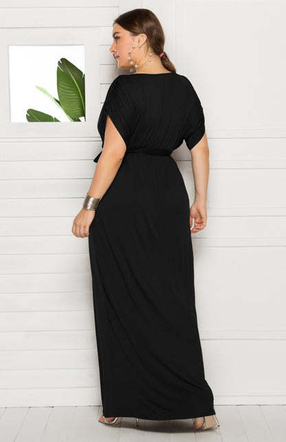 Maternity Knit Dress - Short Sleeve V-Neck Solid Color Dress