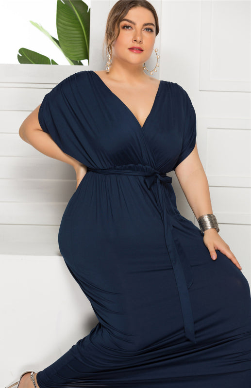 Maternity Knit Dress - Short Sleeve V-Neck Solid Color Dress