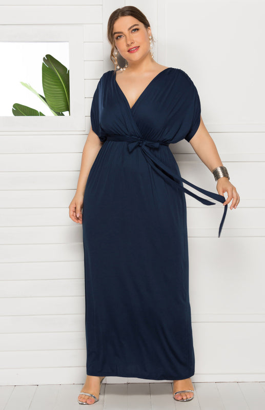 Maternity Knit Dress - Short Sleeve V-Neck Solid Color Dress Purplish blue navy