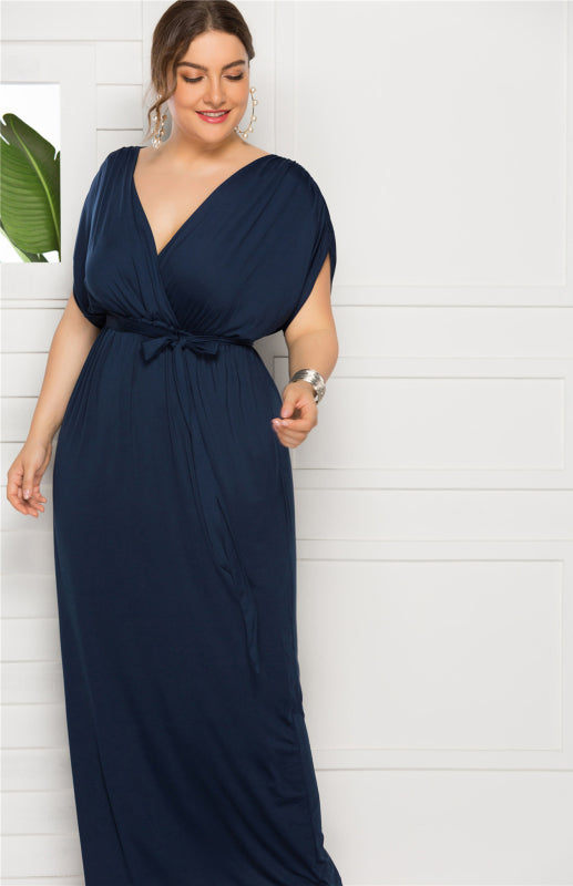 Maternity Knit Dress - Short Sleeve V-Neck Solid Color Dress