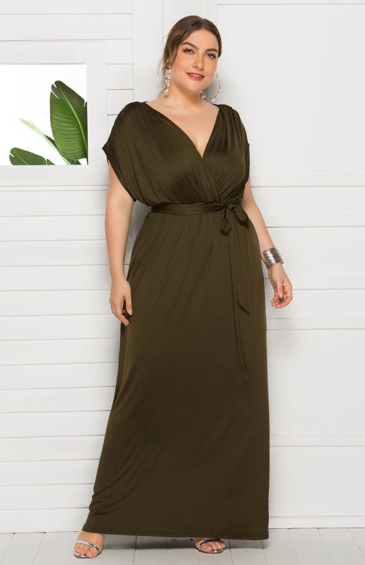 Maternity Knit Dress - Short Sleeve V-Neck Solid Color Dress Green