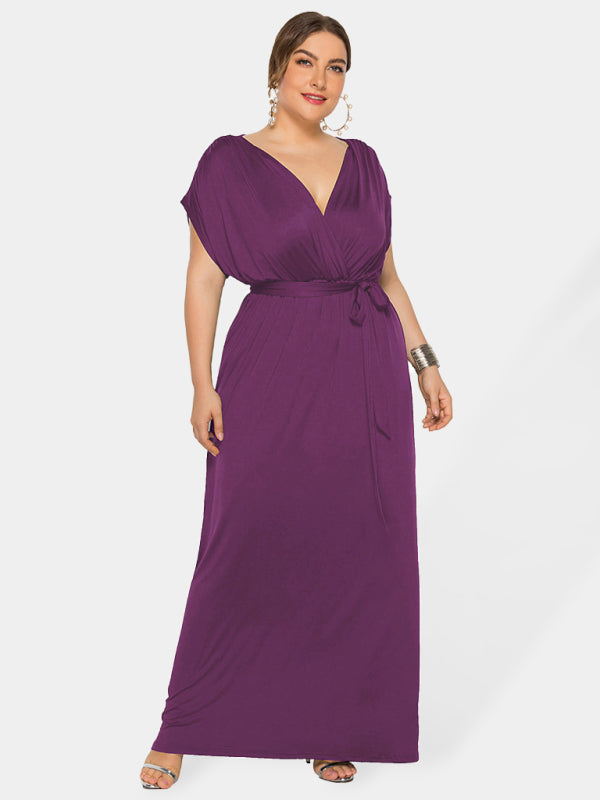 Maternity Knit Dress - Short Sleeve V-Neck Solid Color Dress Purple