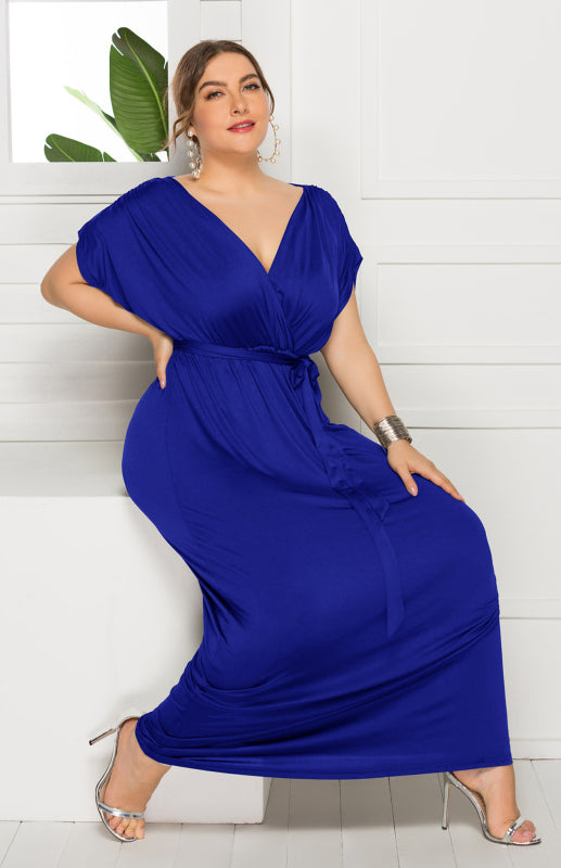 Maternity Knit Dress - Short Sleeve V-Neck Solid Color Dress Royal blue