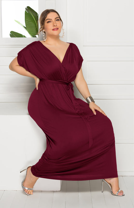 Maternity Knit Dress - Short Sleeve V-Neck Solid Color Dress Wine Red