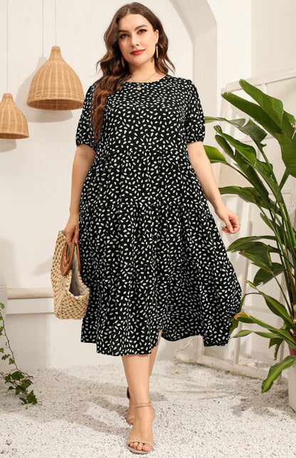 Maternity Dress - Plus Size Short Sleeve Puffed Sleeve Print Dress Black