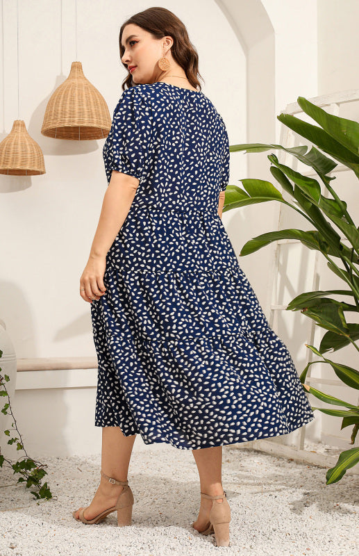 Maternity Dress - Plus Size Short Sleeve Puffed Sleeve Print Dress