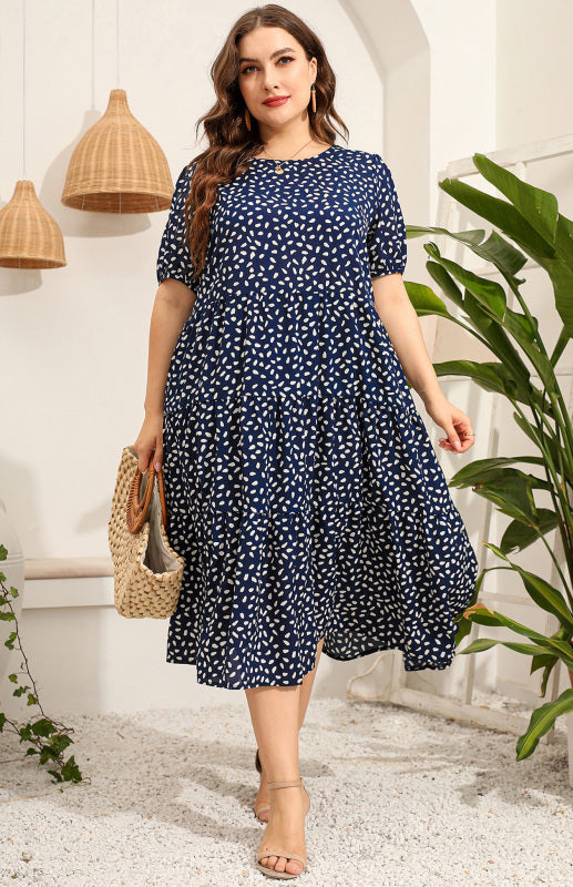 Maternity Dress - Plus Size Short Sleeve Puffed Sleeve Print Dress Purplish blue navy
