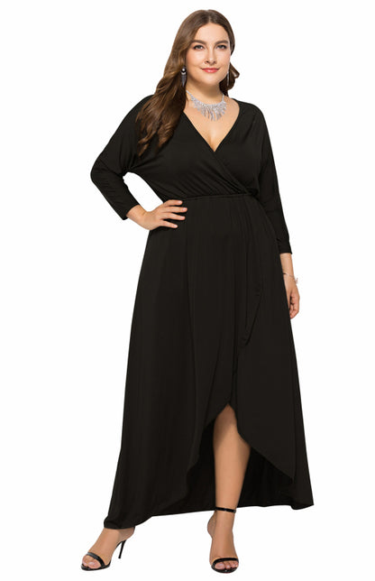 Plus Size Deep V Dress - Three Quarter Sleeve Knit Dress Black
