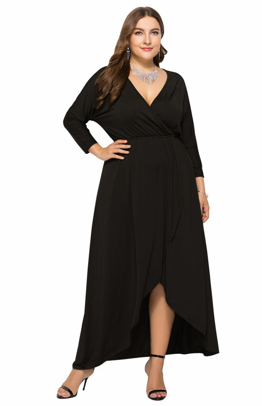 Plus Size Deep V Dress - Three Quarter Sleeve Knit Dress Black