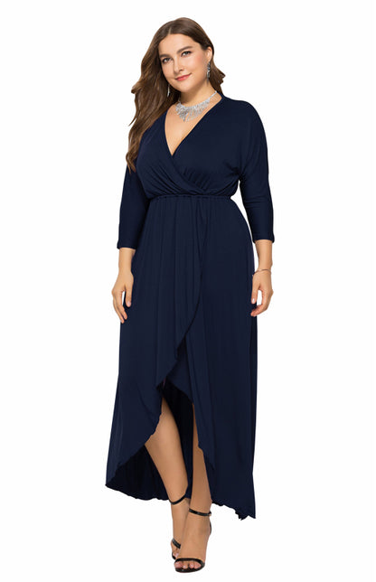 Plus Size Deep V Dress - Three Quarter Sleeve Knit Dress