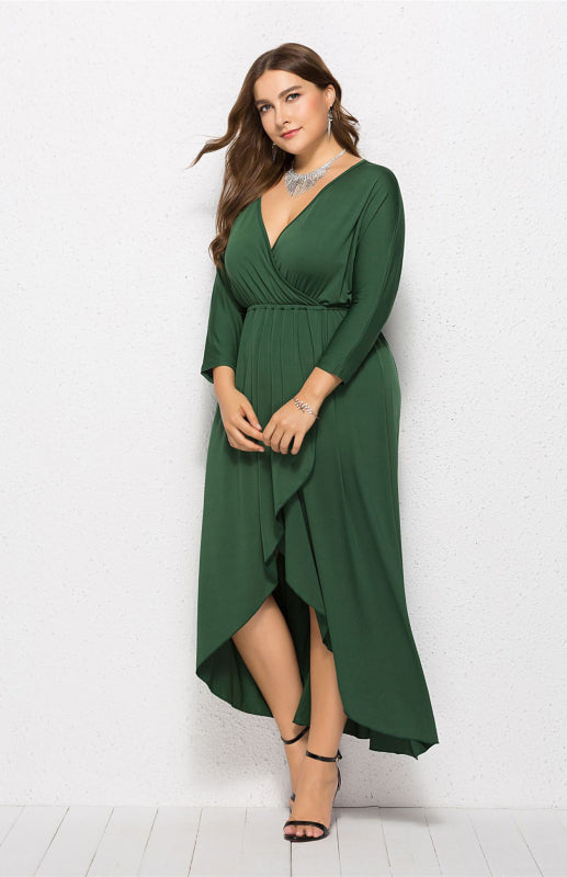 Plus Size Deep V Dress - Three Quarter Sleeve Knit Dress