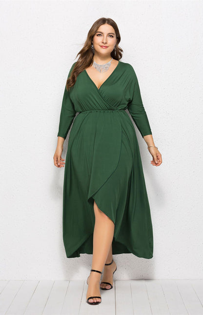 Plus Size Deep V Dress - Three Quarter Sleeve Knit Dress Green black jasper