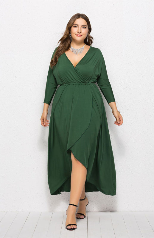Plus Size Deep V Dress - Three Quarter Sleeve Knit Dress Green black jasper