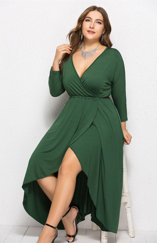 Plus Size Deep V Dress - Three Quarter Sleeve Knit Dress