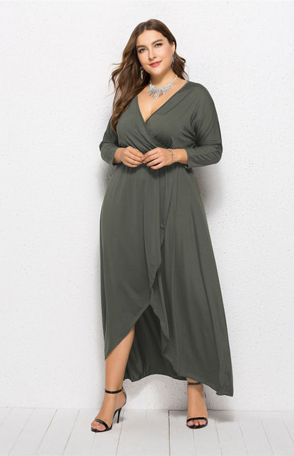 Plus Size Deep V Dress - Three Quarter Sleeve Knit Dress