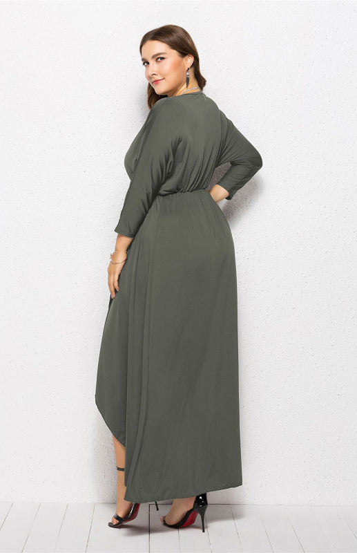 Plus Size Deep V Dress - Three Quarter Sleeve Knit Dress Green grey