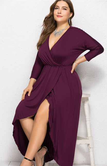 Plus Size Deep V Dress - Three Quarter Sleeve Knit Dress Purplish red
