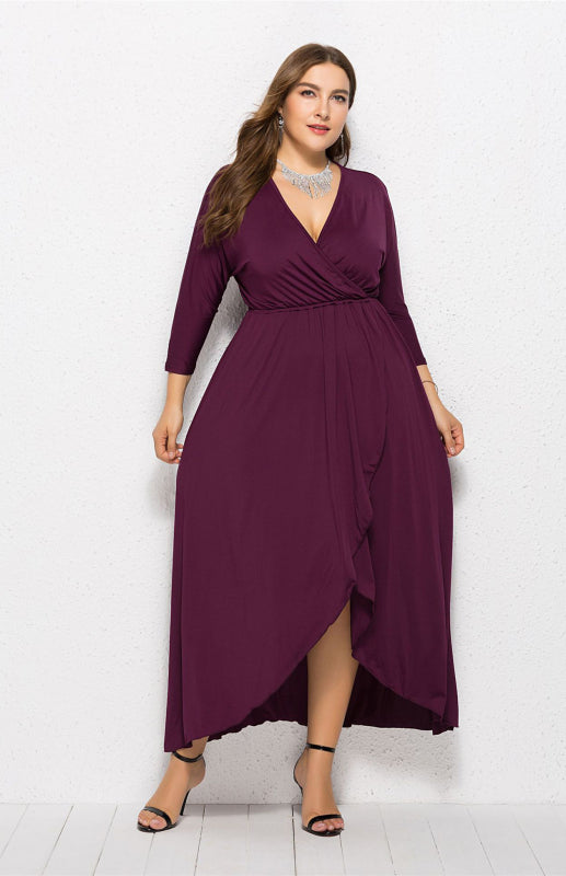 Plus Size Deep V Dress - Three Quarter Sleeve Knit Dress