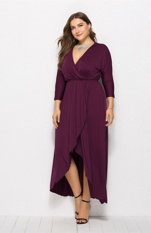 Plus Size Deep V Dress - Three Quarter Sleeve Knit Dress