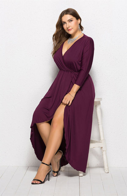 Plus Size Deep V Dress - Three Quarter Sleeve Knit Dress
