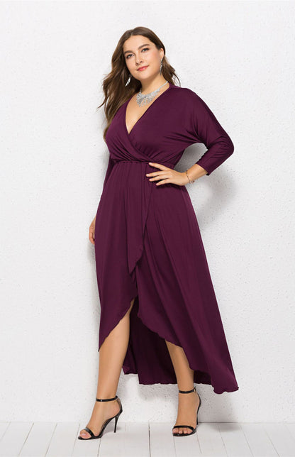 Plus Size Deep V Dress - Three Quarter Sleeve Knit Dress