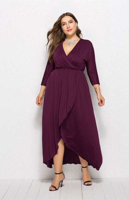 Plus Size Deep V Dress - Three Quarter Sleeve Knit Dress