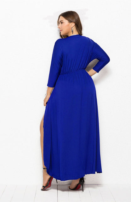 Plus Size Deep V Dress - Three Quarter Sleeve Knit Dress