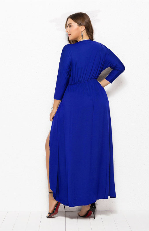 Plus Size Deep V Dress - Three Quarter Sleeve Knit Dress