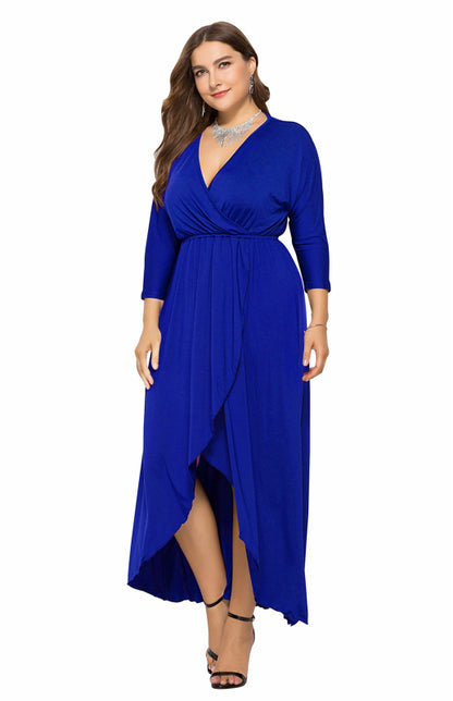 Plus Size Deep V Dress - Three Quarter Sleeve Knit Dress Royal blue