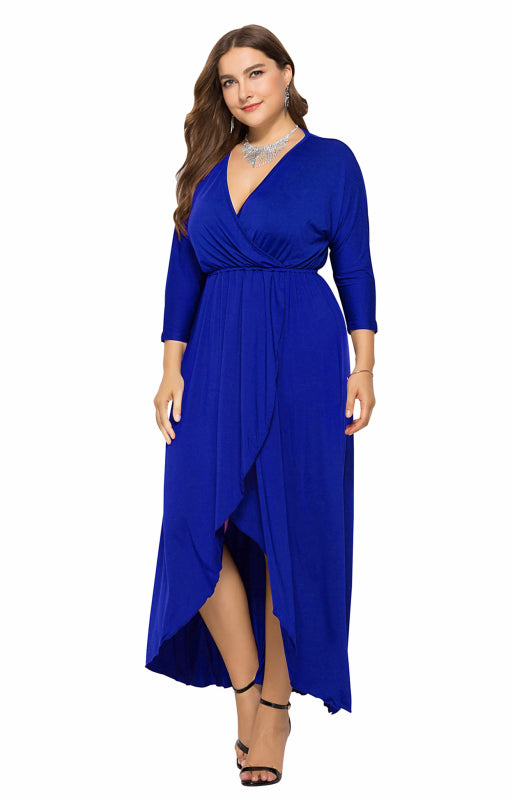 Plus Size Deep V Dress - Three Quarter Sleeve Knit Dress Royal blue
