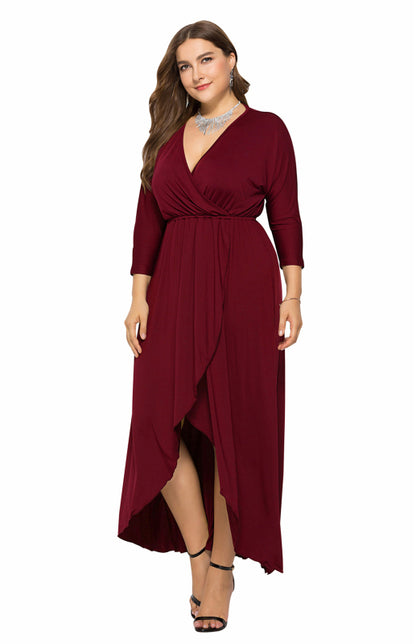 Plus Size Deep V Dress - Three Quarter Sleeve Knit Dress Wine Red
