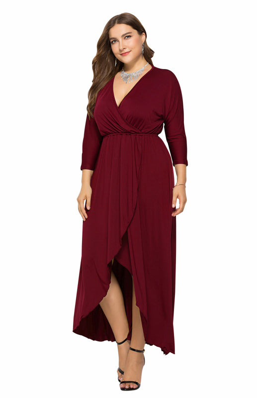 Plus Size Deep V Dress - Three Quarter Sleeve Knit Dress Wine Red